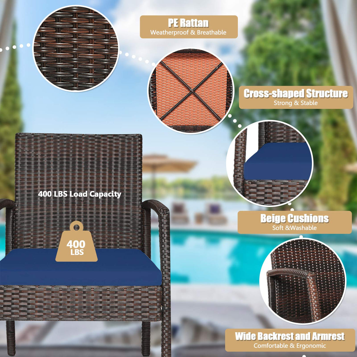 HAPPYGRILL 7 Pieces Patio Dining Set Outdoor Furniture Rattan Wicker Dining Set with Umbrella Hole, Powder Coated Steel Frame, Acacia Wood Dining Table and Armchairs with Removable Cushions HAPPYGRILL
