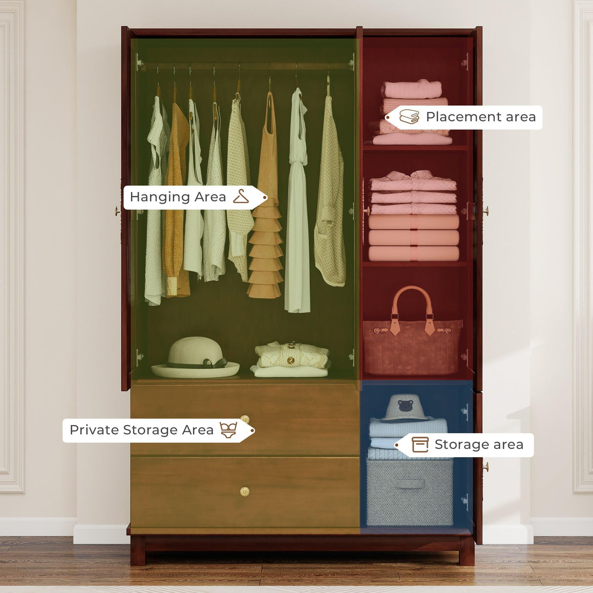 Tafeumob Solid Wood Armoire Wardrobe: 3 Doors Solid Wood Bedroom Armoires with Hangingrod Clothes Organizer Cabinet Storage with 2 Drawers Brown Finish 46.3" L x 19.69" W x 70.87" H Tafeumob