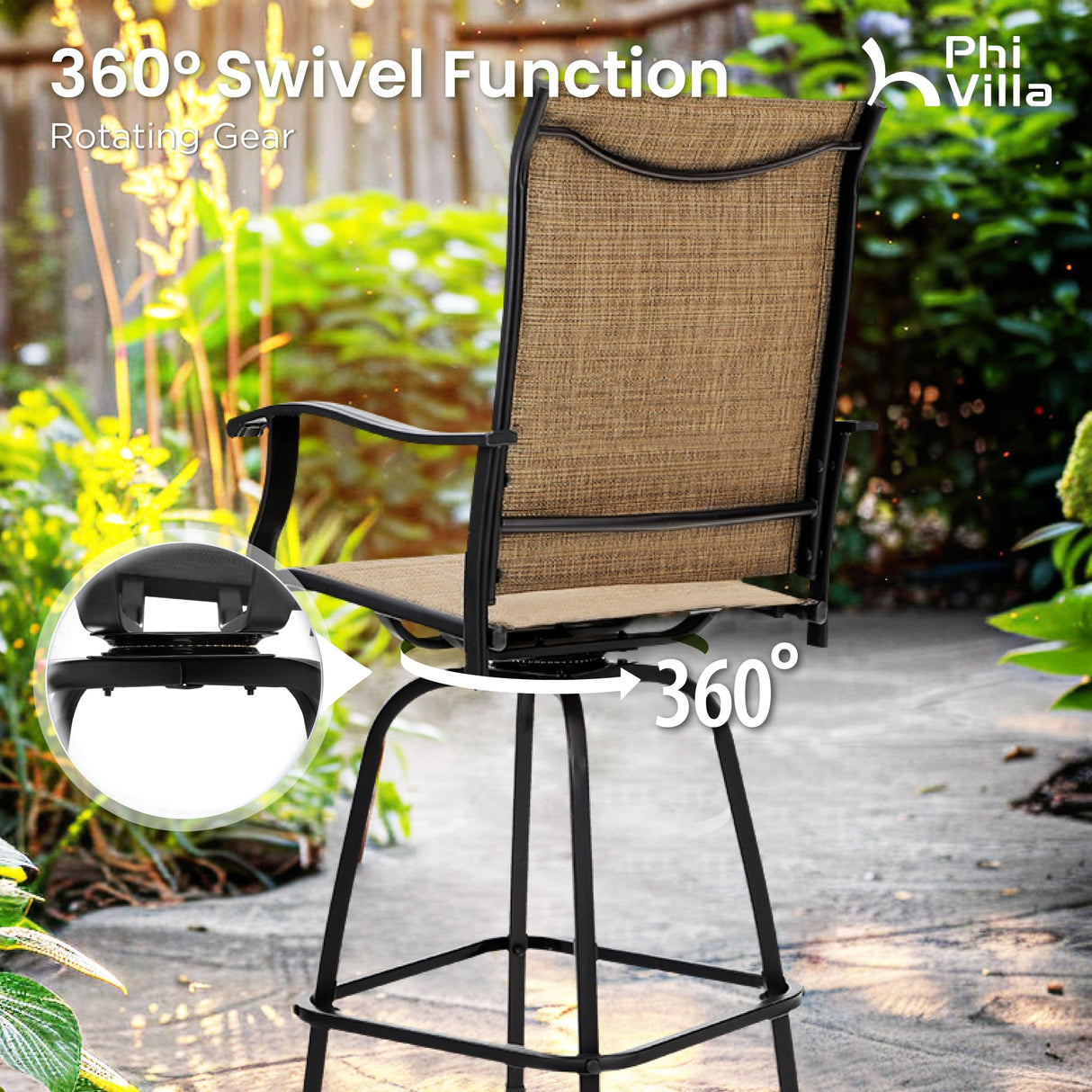 PHI VILLA Outdoor Patio Swivel Bar Set of 11, Textilene Bar Height Chair with Armrest and Wood Like Bar Table, All-Weather Furniture Set for Garden Lawn PHI VILLA