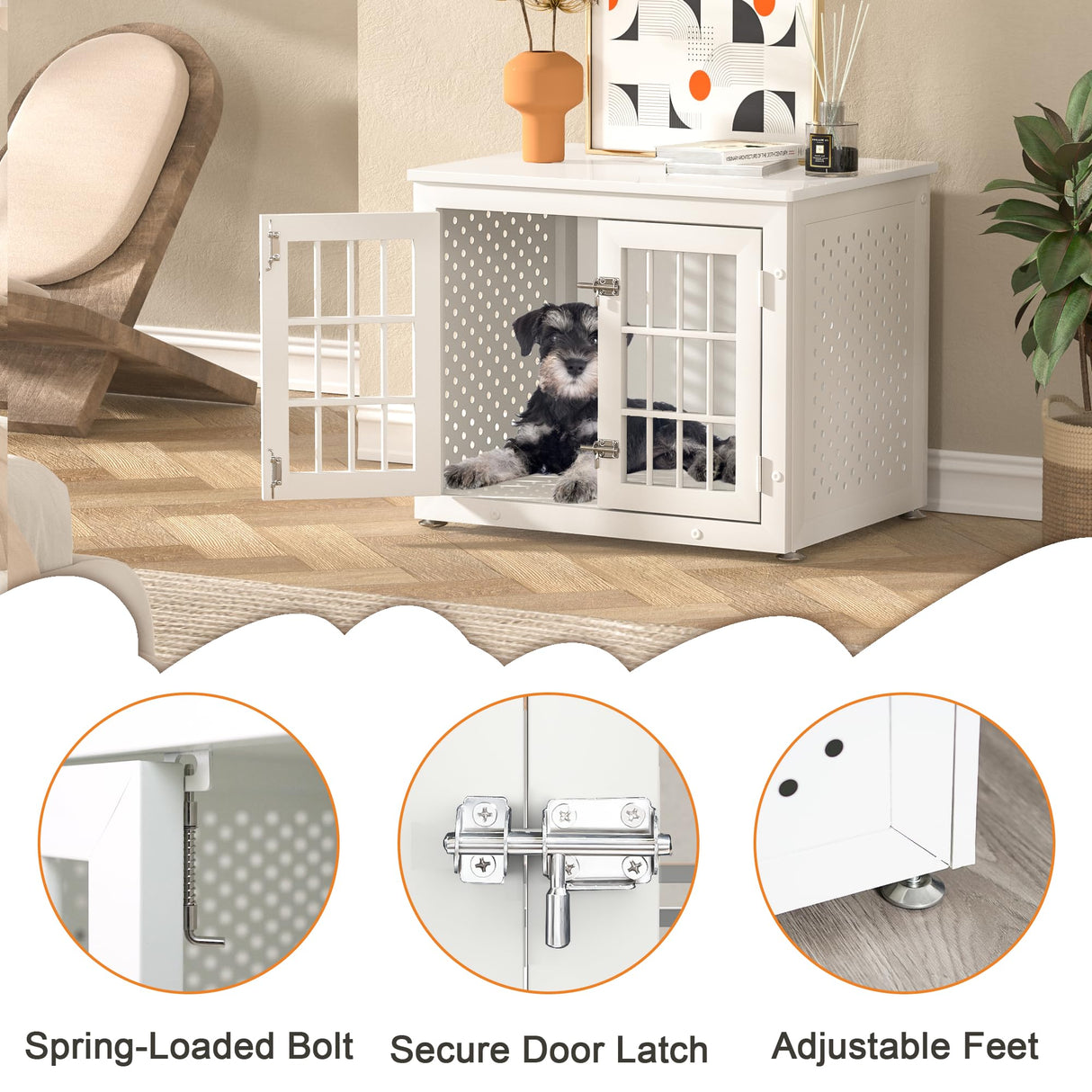 rehomerance Heavy Duty Dog Crate Furniture for Small Dogs, Enclosed Design with 0.5inch Holes, Indestructible Metal Kennel, Chew Proof Pet House Cage Indoor, Decorative Dog Kennel End Table, White rehomerance