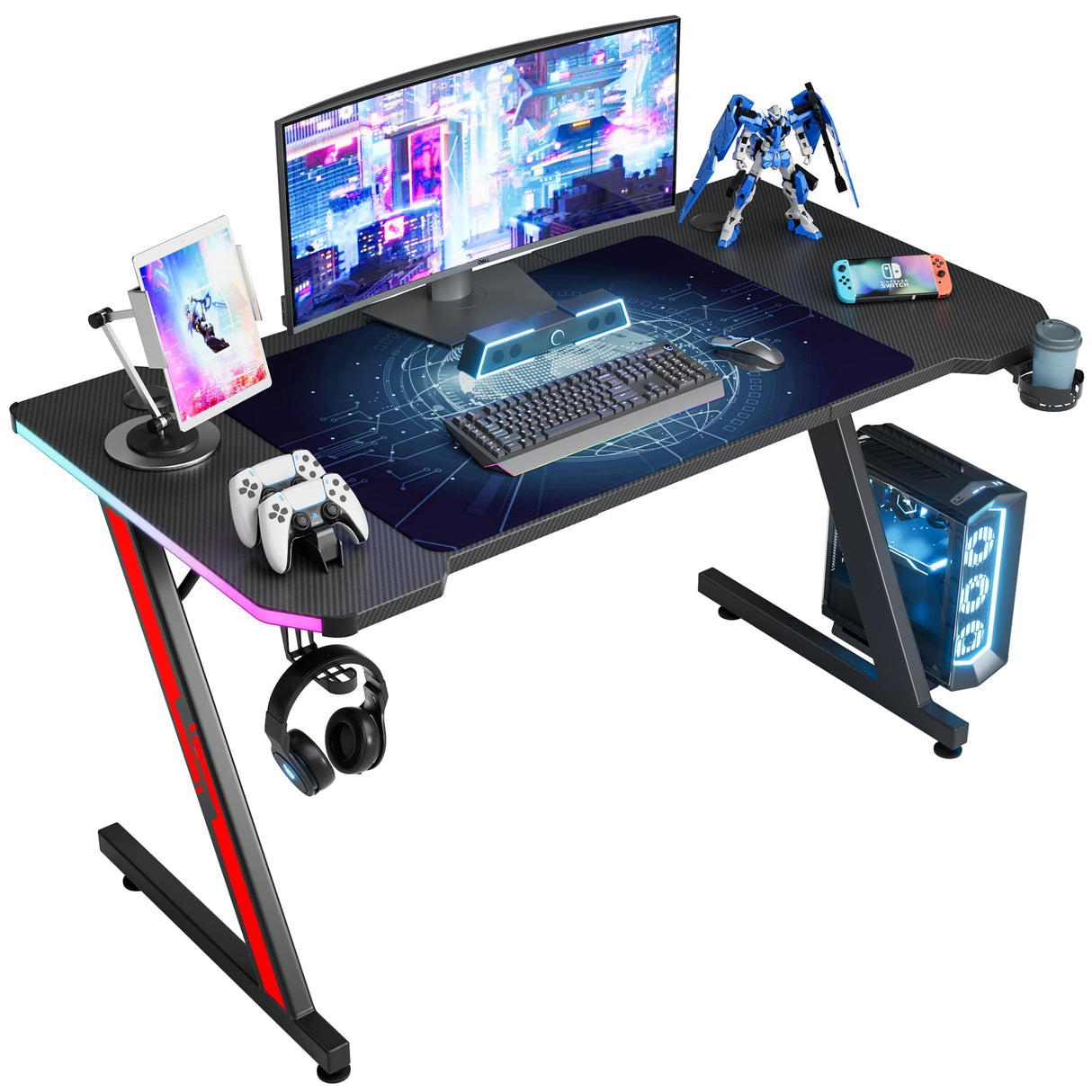 Homall Gaming Computer Desk with Carbon Fiber Surface, Gaming Table Z Shaped Pc Home Office with Cup Holder&Headphone Hook(55 in, Black, Led Light) Homall