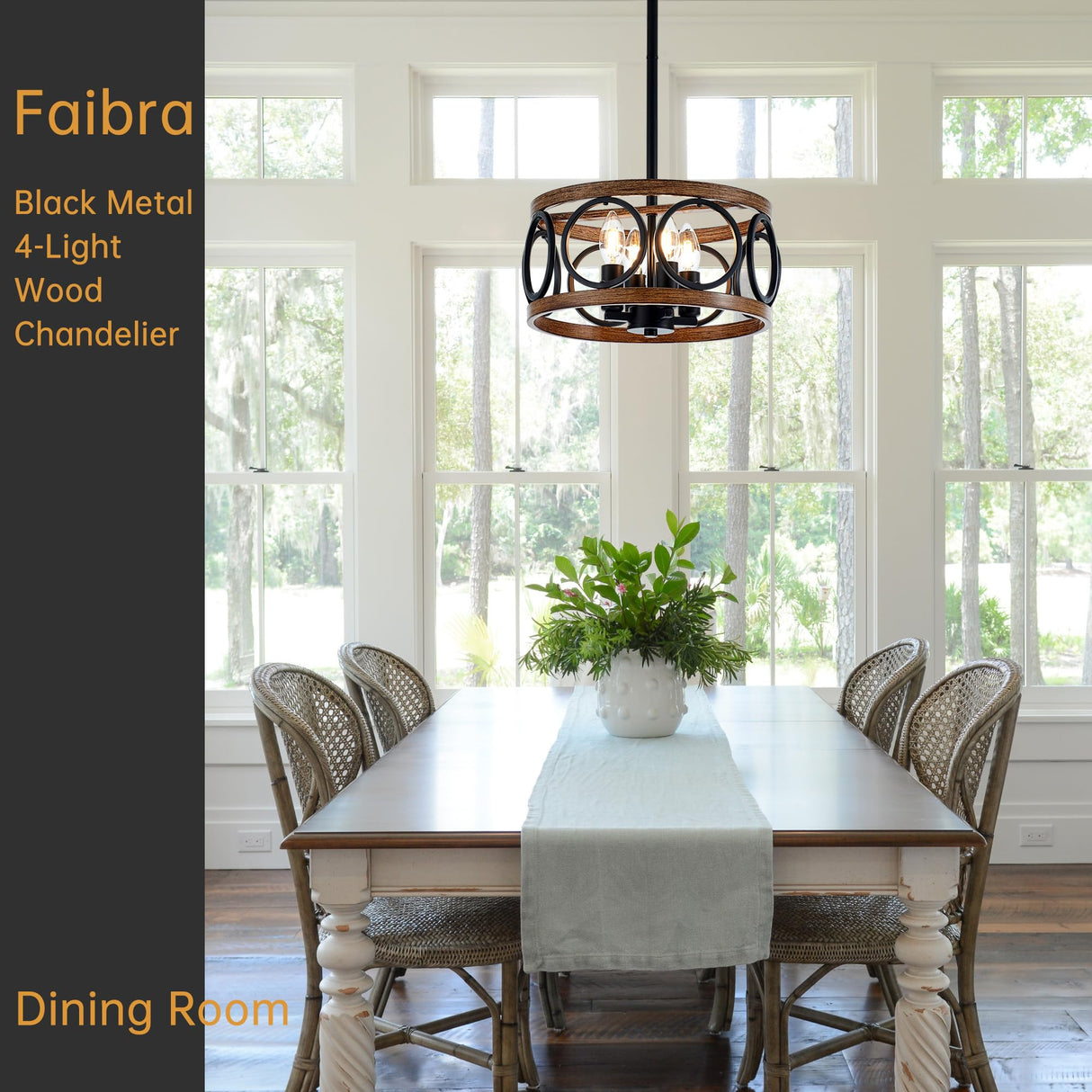 Faibra 4-Light Farmhouse Drum Pendant Light,12.6'' Nature Wood Texture Vintage Rustic Chandeliers Black Metal Industrial Hanging Light Fixtures for Entryway, Bedroom Dining Room Faibra