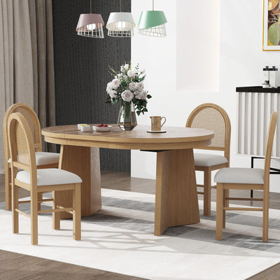VilroCaz 5-Piece Retro Functional Dining Set, Solid Wood Extendable Dining Table with 4 Upholstered Chairs and Rattan Backrests, Round Dining Table Set for Dining Room Kitchen (Natural-7.7)