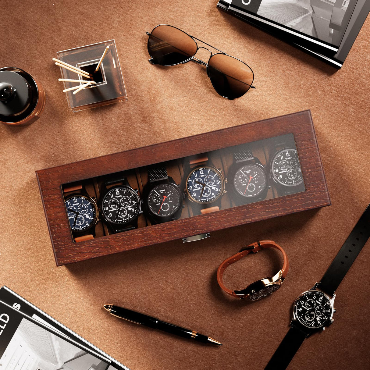 ProCase Wooden Watch Box for Men, 6 Slot Watch Display Case Mens Watch Box Organizer, Wood Watch Case for Men Watch Storage, Watch Holder Organizer with Glass Lid -6 Slot, Espresso ProCase