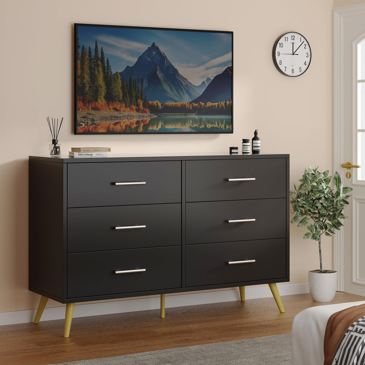 Shintenchi 6 Drawer Dresser, Wide Chest of Drawers Organizer Storage with Drawers, Large Storage Cabinet, Modern Design Dresser for Bedroom, Living Room, Porch, Black Shintenchi