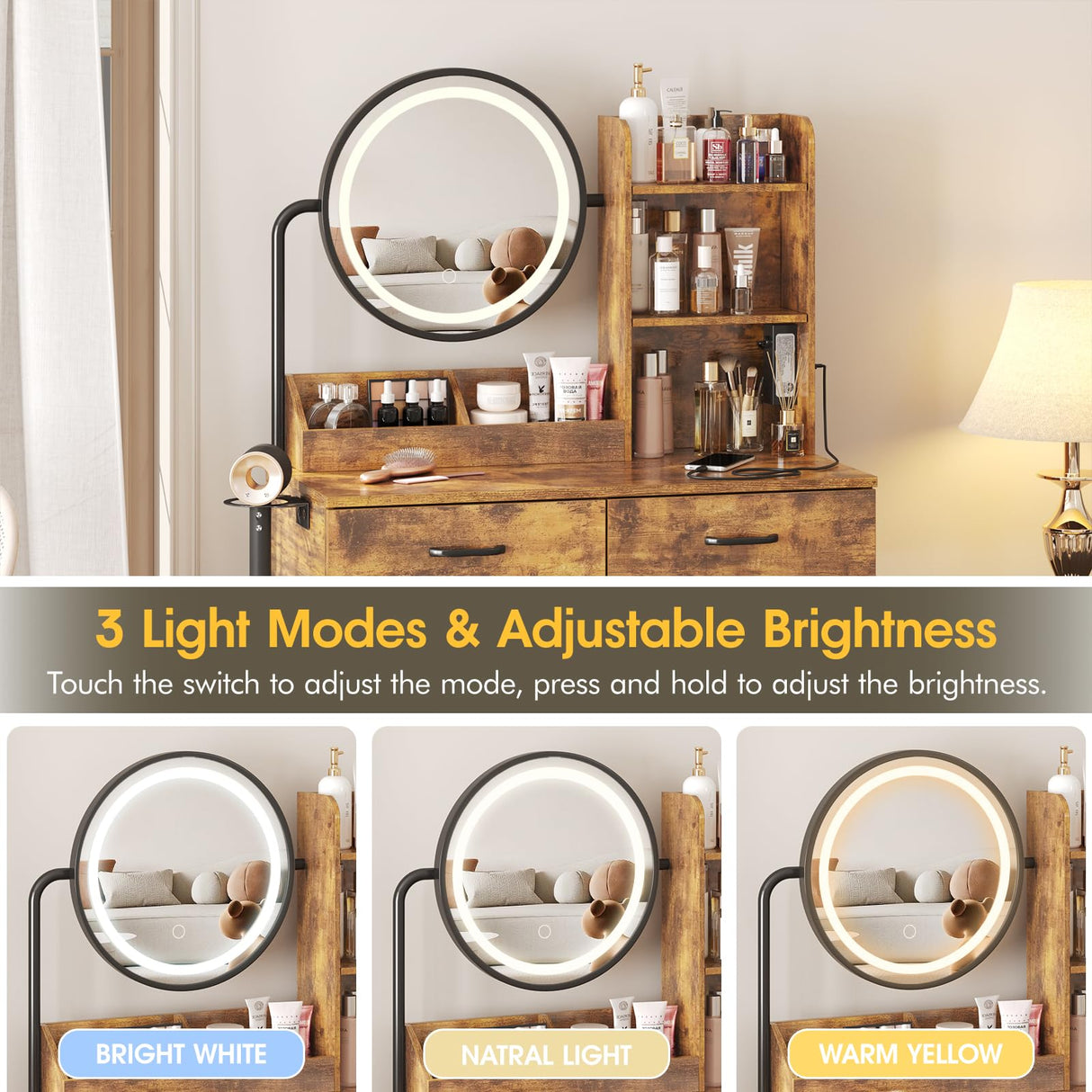 Makeup Vanity Desk with Round Mirror and Lights, Vanity Makeup Table with Hair Dryer Rack, Small Vanity Table for Bedroom with Lots Storage (Brown with Charging, 15.75 * 31.5 * 53.6in) Vabches