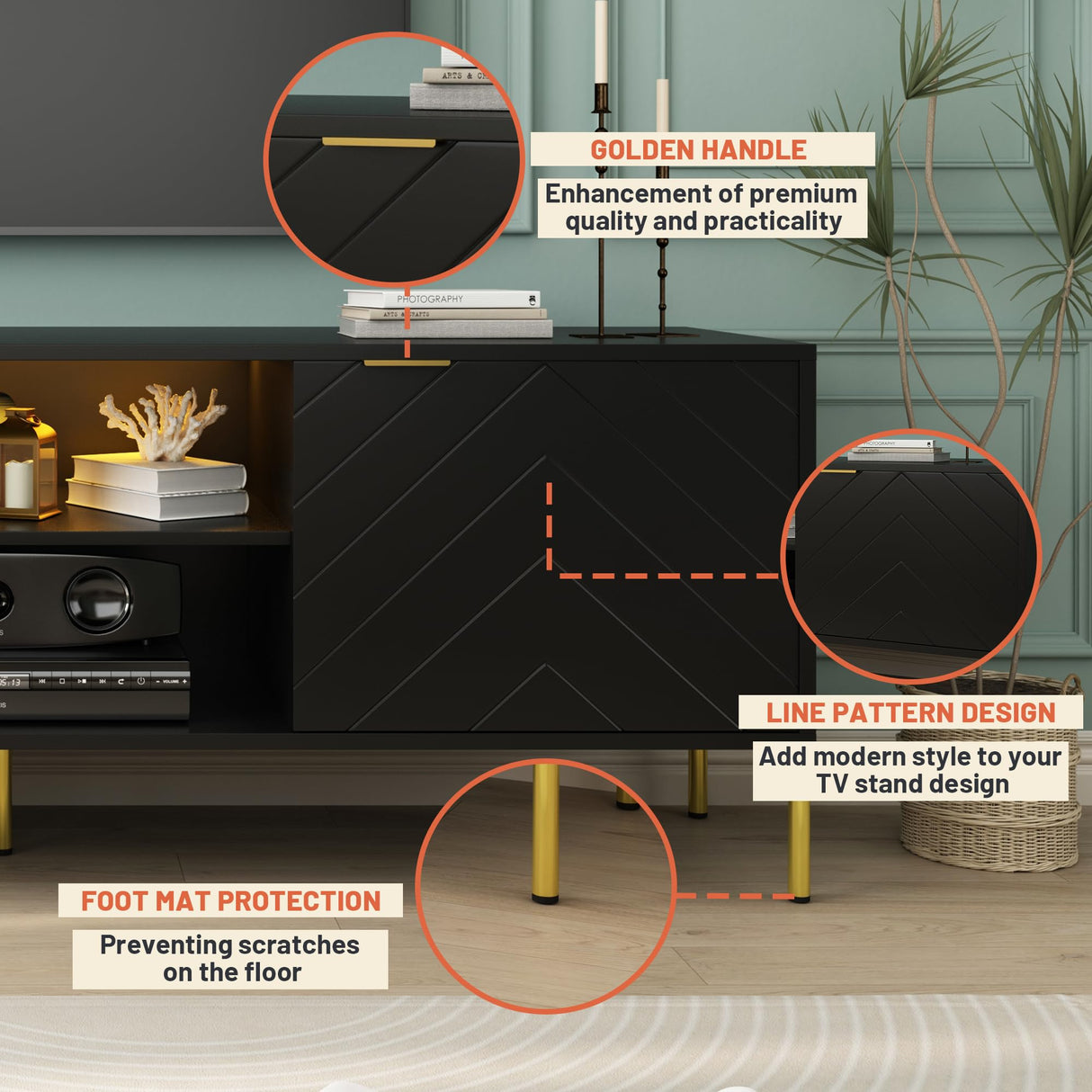 Clihome TV Stand for TVs Up to 70 inches,Modern Media Television Console Table with LED Lights, Entertainment Center with Storage Cabinets for Living Room,59Inch (Black) Clihome