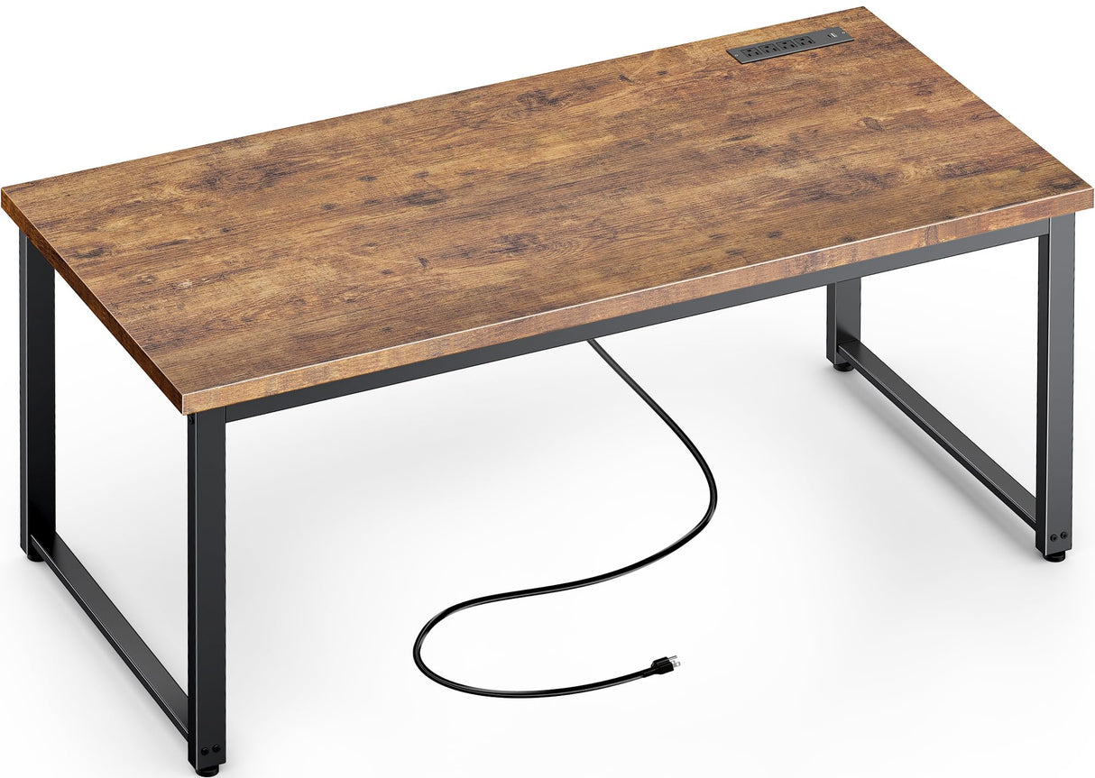 Huuger 55 Inch Desk with Power Outlets, Deeper & Thicker Desktop, Robust Metal Tubes, Computer Desk, Heavy Duty Office Desk, Work Gaming Desk for Home Office, Rustic Brown Huuger