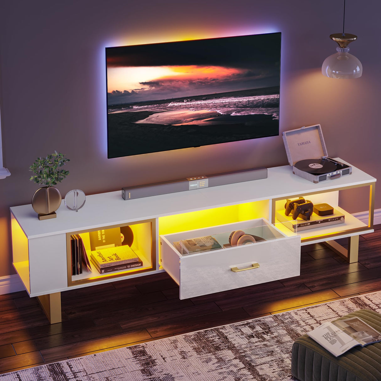 Bestier TV Stand with LED Light for TVs up to 80 inch, Modern Entertainment Center with Open Storage and Half-Glass Design Drawer, High Gloss Media Console Table for Living Room Bedrom, White and Gold Bestier