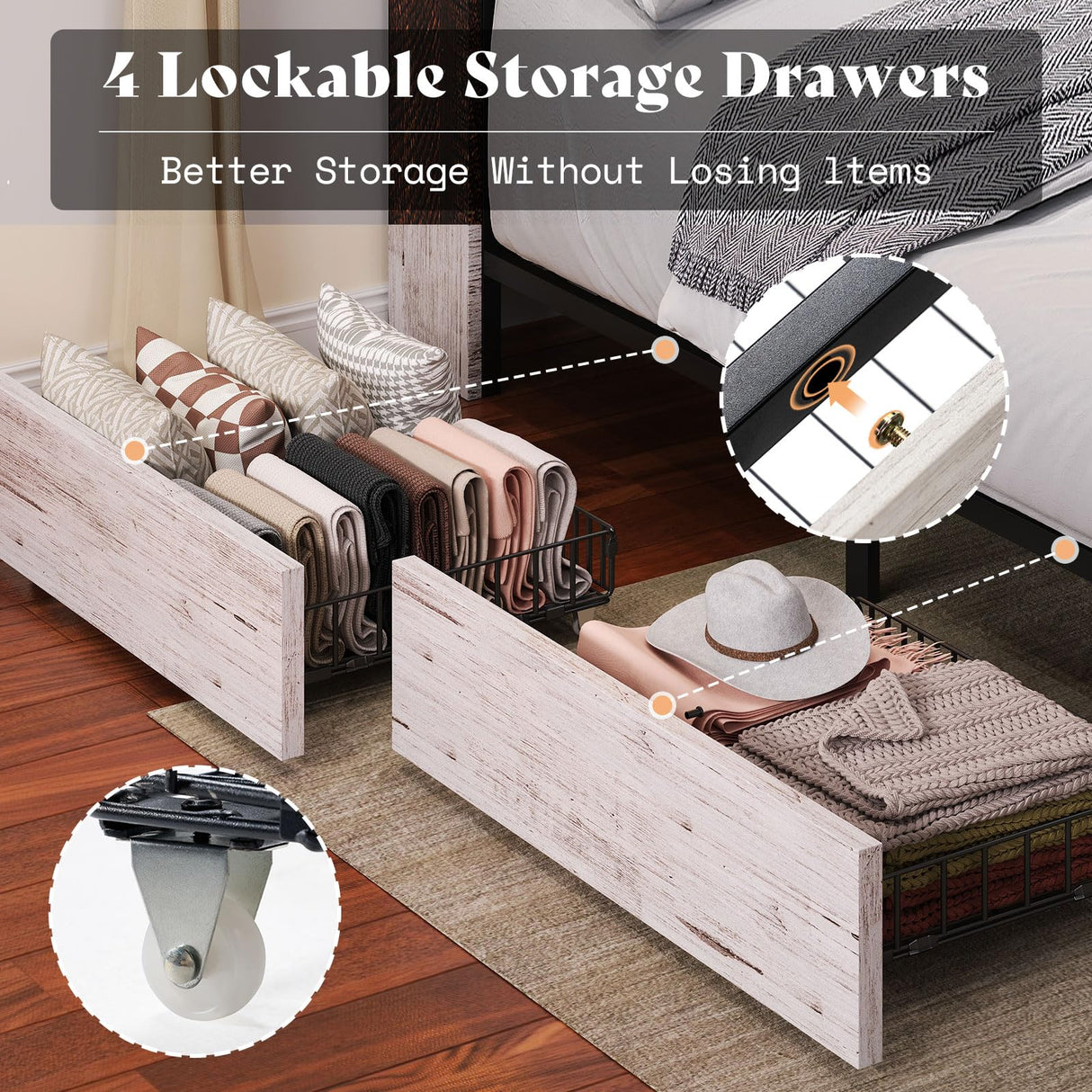 AMERLIFE King Size Bed Frame with 51.2" Tall Bookcase Headboard, Farmhouse Platform Bed with 4 Storage Drawers, Linen Upholstered, Charging Station & Storage, Rustic White AMERLIFE