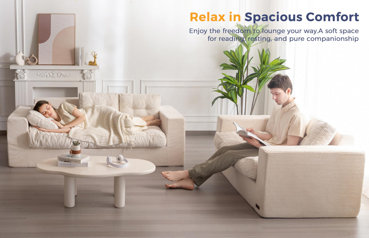 MAXYOYO 3 Seater Couch for Living Room, Boneless Couch with Tufted Cushion & Backrest, Upholstered Floor Sofa, Sofa in A Box, Beige MAXYOYO