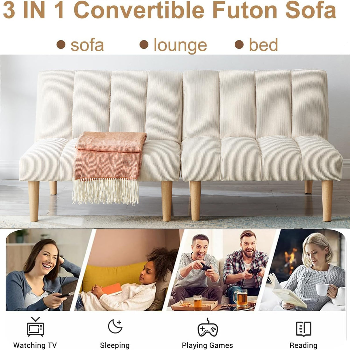 Modern Corduroy Convertible Folding Futon Couch Sofa Bed,with Adjustable Backrest Memory Foam Couch Double Loveseat Sofa for Compact Living Space,Dorm,Game Studio,Apartment,Bedroom (White) Gustonhon