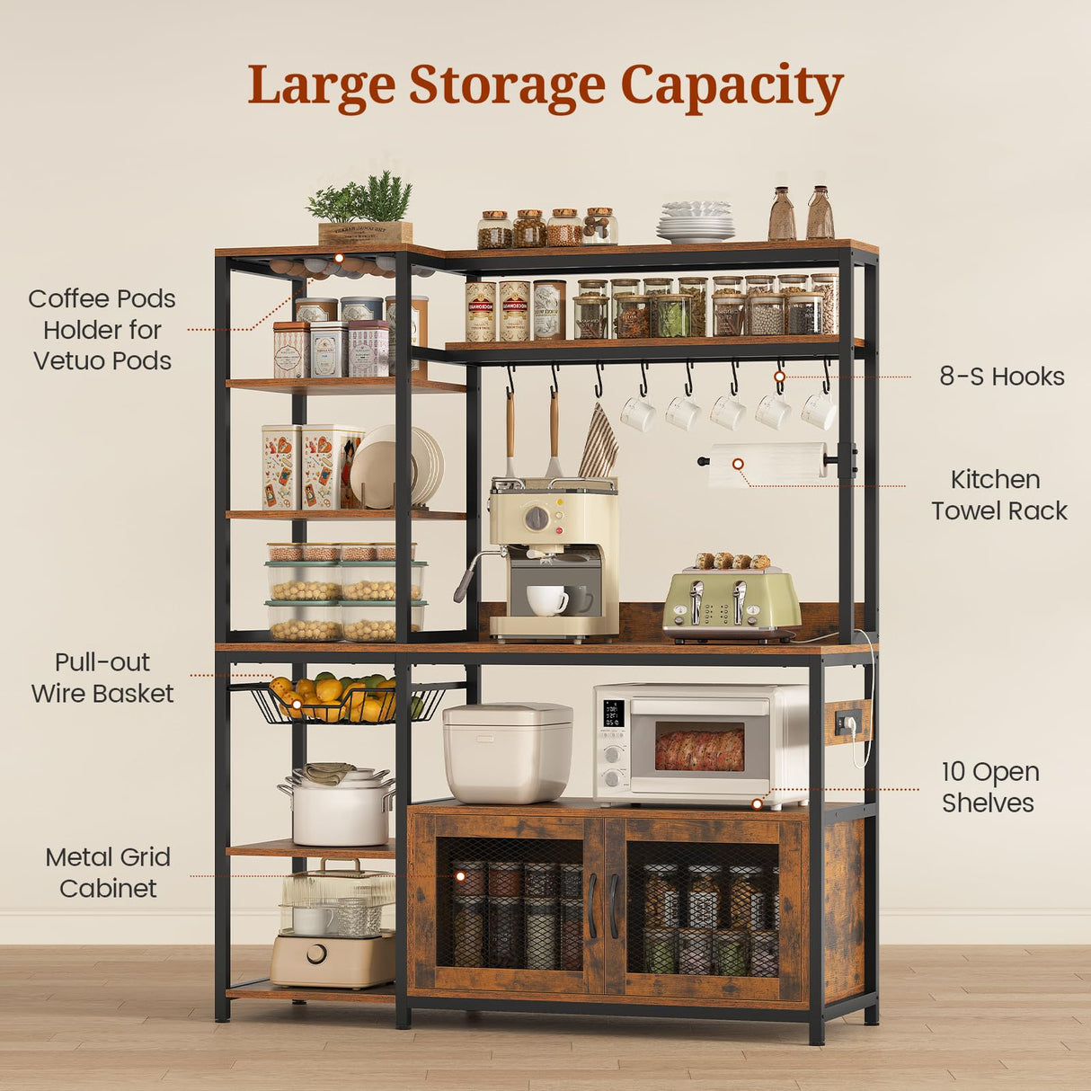 47.2 in Bakers Rack with Power Outlet & LED Light, Coffee Bar with Coffee Pod Holder for Vetuo, Kitchen Microwave Stand with Storage Shelves, Paper Holder, Cabinet, Wire Basket, 8 Hooks (Rustic Brown) UPOSOJA