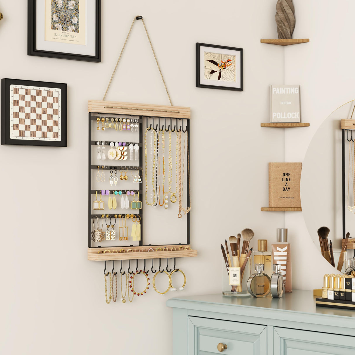 Feyejade Hanging Jewelry Organizer, 5-Tier Wall Earring Holder with Wooden Ring Groove, Jewelry Rack Wall Mounted for Earrings, Necklaces, Bracelets and Rings, Jewelry Holder Stand,Black Feyejade