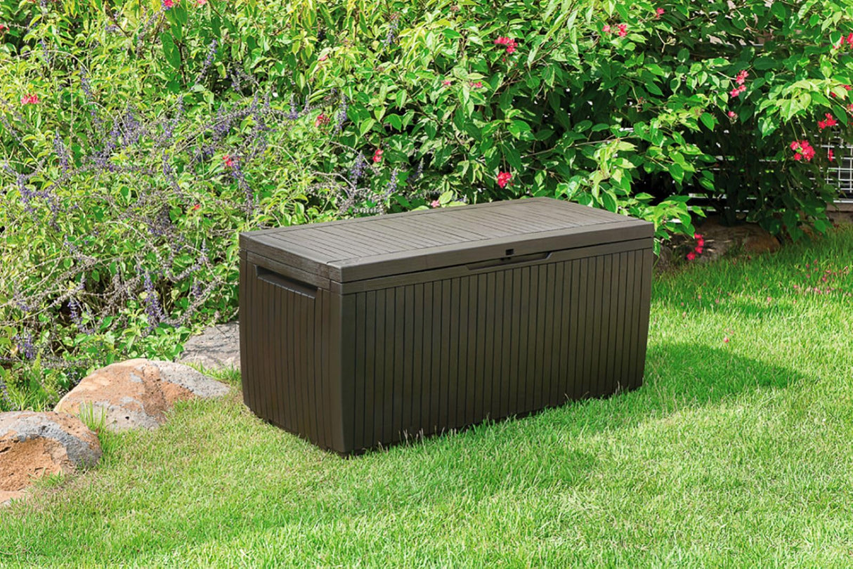 Keter Springwood 80 Gallon Resin Outdoor Storage Box for Patio Furniture Cushions, Pool Toys, and Garden Tools with Handles, Brown Keter
