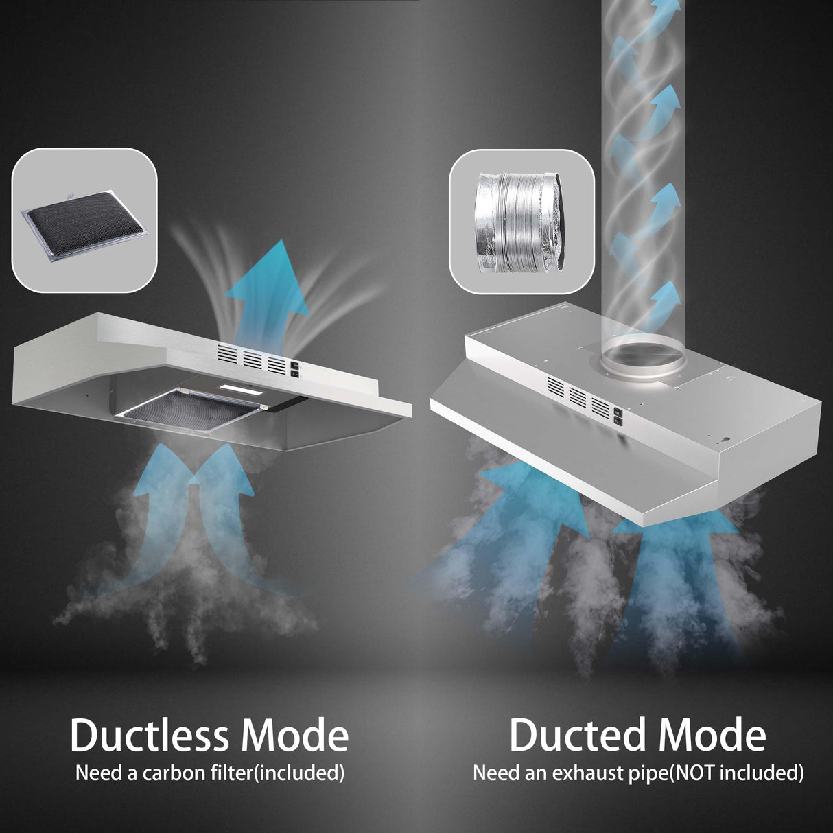 SNDOAS 30 inch Range Hood Ducted/Ductless Convertible Stainless Steel Range Hood Under Cabinet with Rocker Button Control,Vent Hood with LED Light,2 Speed Exhaust Fan,Under Cabinet Hood,Silver SNDOAS