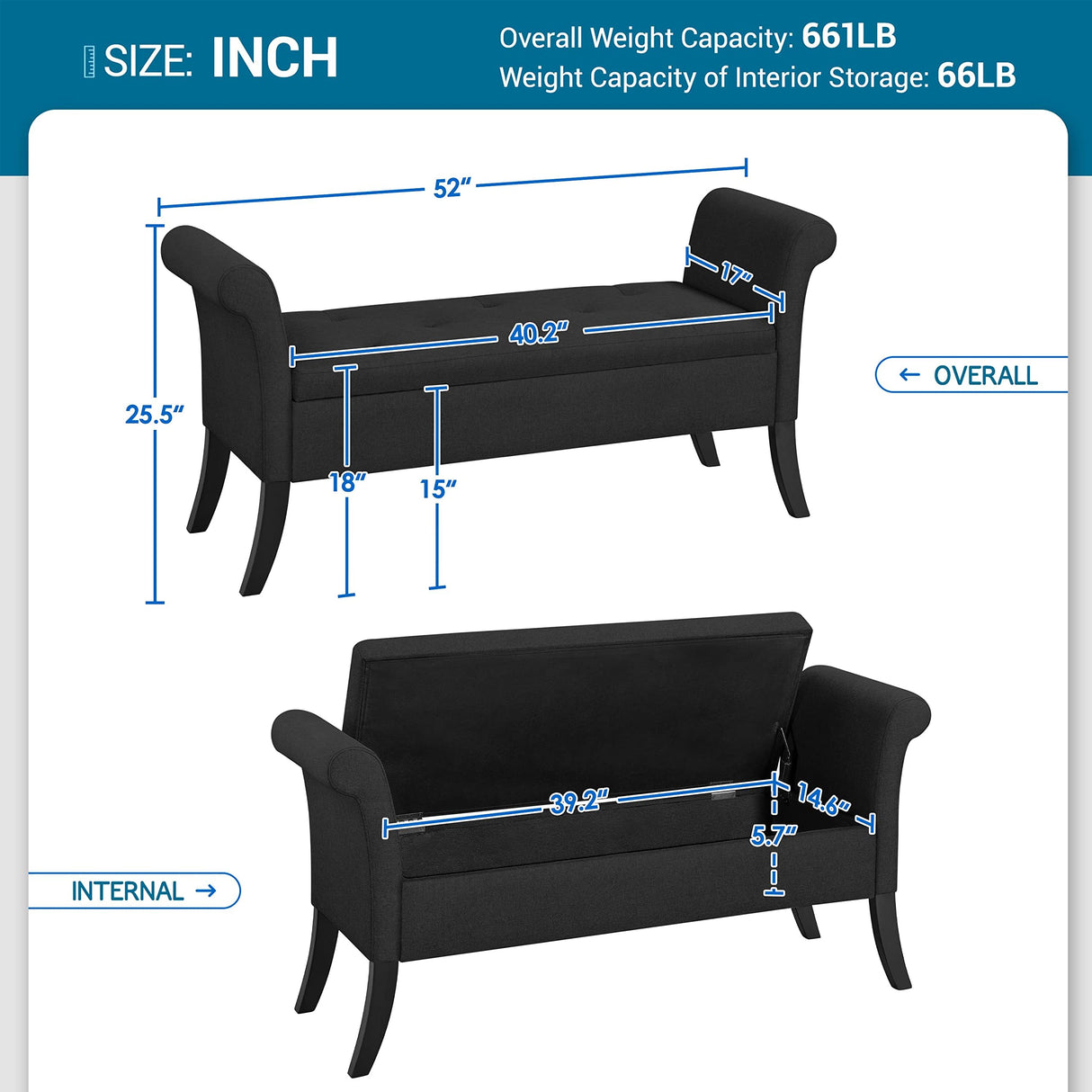 Yaheetech 52in Ottoman Bench Folding Storage Ottoman Bench Tufted Fabric Entryway Bench with Arms Footstool with Large Storage Foot Rest Seat Rolled Arms Cushioned Ottoman Black Yaheetech