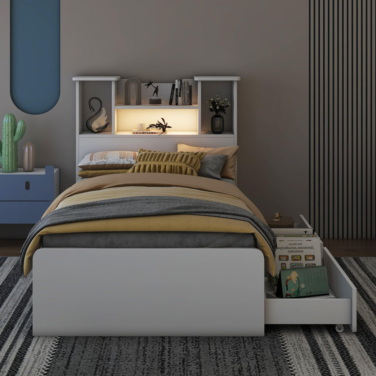 Harper & Bright Designs Twin Size Bed with Storage Headboard and Drawers, Solid Wood Twin Platform Bed Frame with 2 Drawers, 4 Shelves and LED Light, No Box Spring Needed - White Harper & Bright Designs