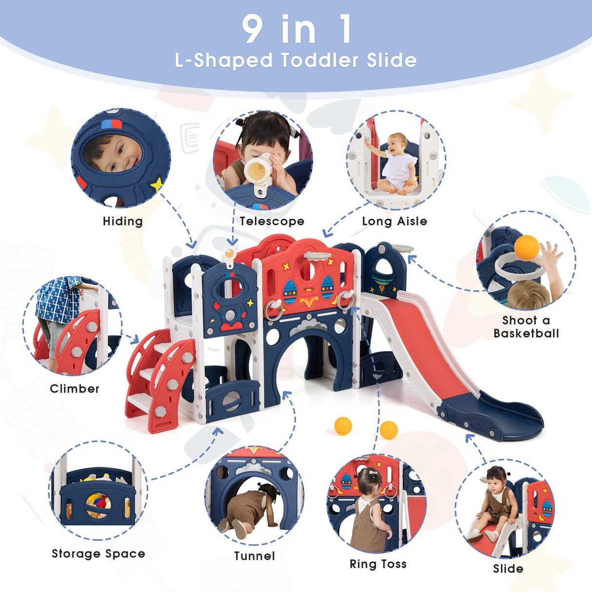 Nyeekoy 9-in-1 Castle Amusement Playground Playhouse, Indoor Outdoor Playset for Toddlers Age 1-3, Backyard Climber Play Set Slide for Kids Baby (Blue) Nyeekoy