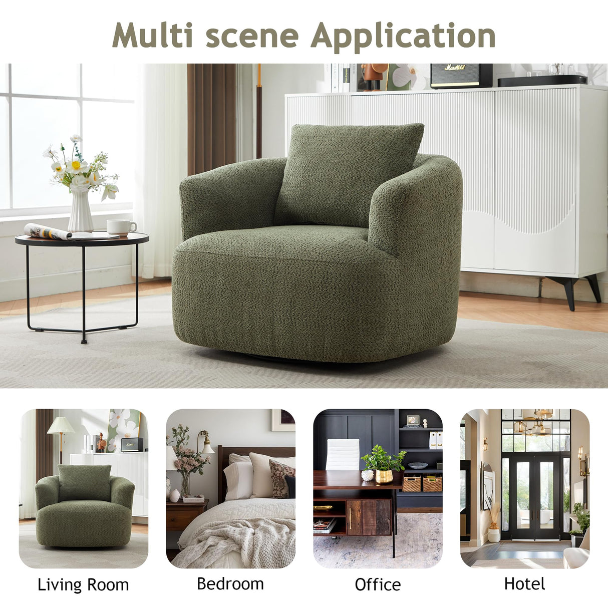 Merax Modern Cozy Chenille 360° Swivel Sofa Chair w/a Throw Pillow, 38.2" Upholstered Leisure Barrel Accent Armchair with Deep Seating for Living Room Bedroom,Office, Hotel, Easy Assemble, Green Merax