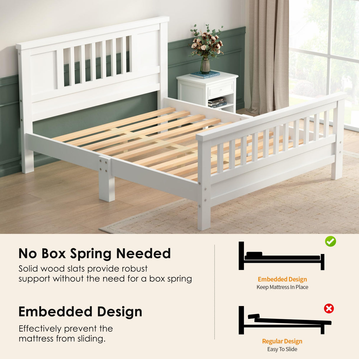 soges Full Bed with Headboard, Solid Wood Platform Bed for Teens Adults, Twin Size Bed Frame with Wood Slats Support, No Box Spring Needed, White soges