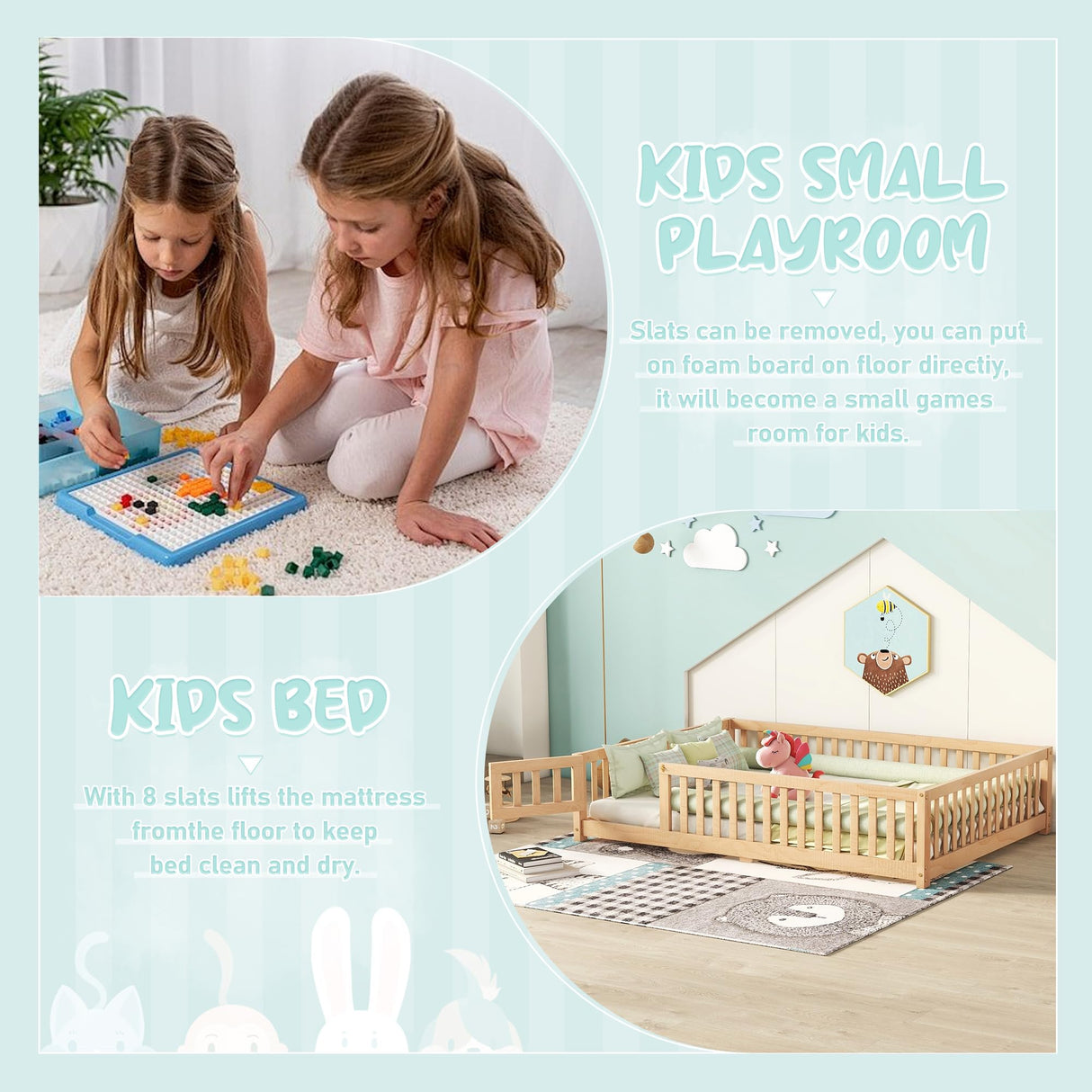 A ALFRESCOOL Full Size Montessori Floor Bed with Safety Guardrails and Convertible Door, Sturdy Pine Wood Floor Bed Frame with Wooden Supports Slats for Toddlers Kids Girls Boys Bedroom (Natural) A ALFRESCOOL