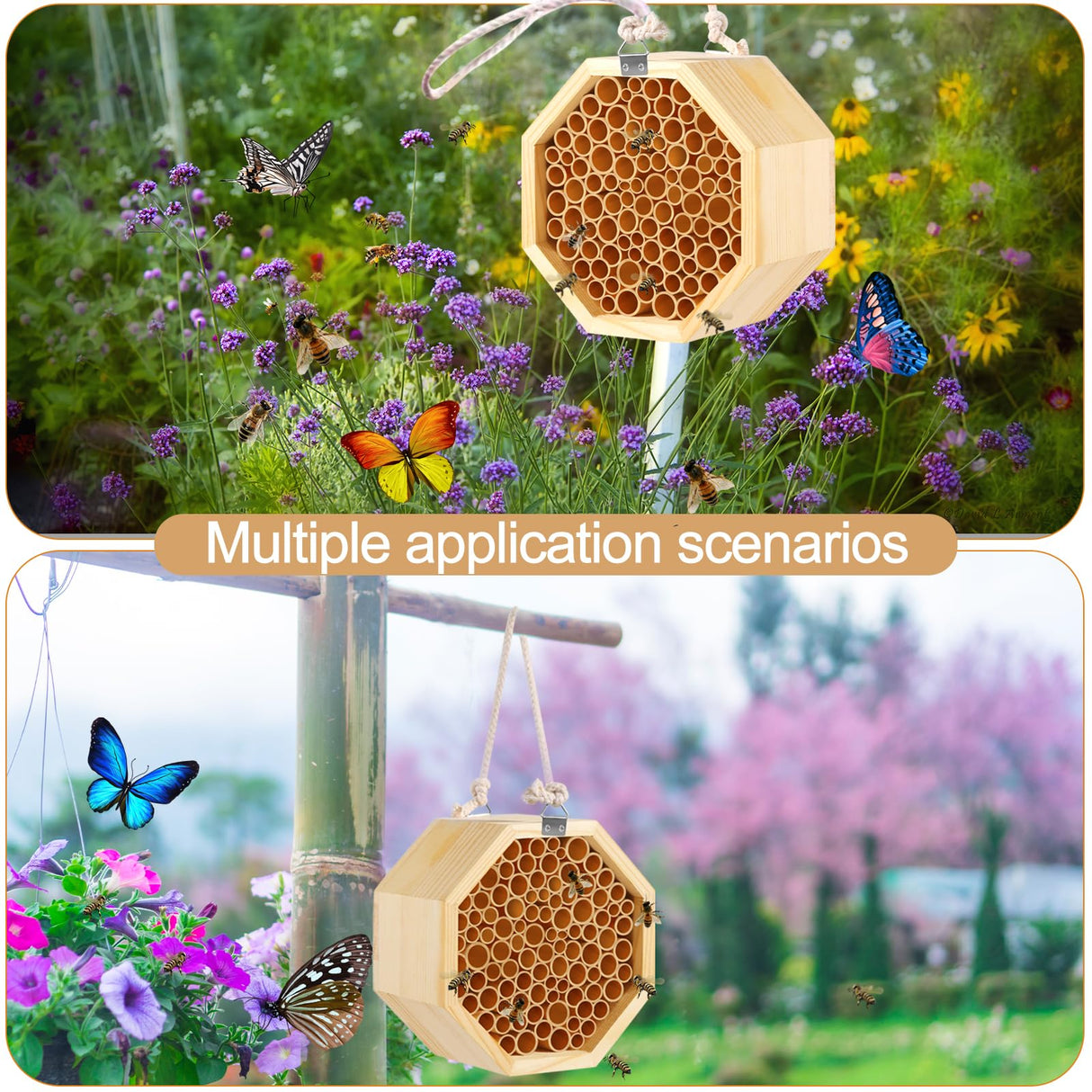 Mason Bee House - Handcrafted Natural Wooden Bee Hotel with Waterproof Wax Coating - Attracts Peaceful Pollinators, Enhances Garden Productivity NASIDE
