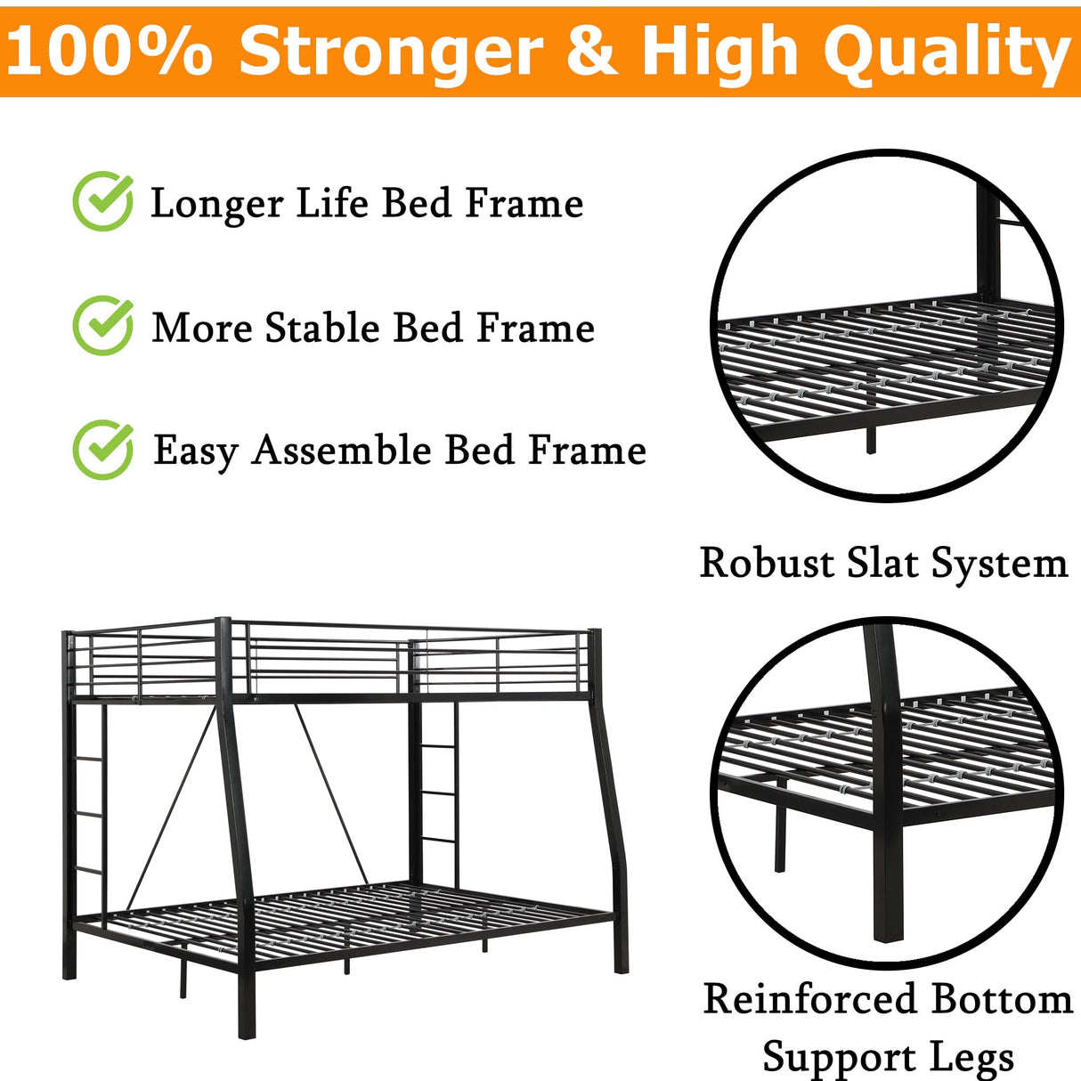 ZMIZAKOY Metal Full XL Over Queen Bunk Bed for Adults, Heavy Duty Bunk Bed Full Over Queen with 2 Ladders & Safety Guardrail for Kids and Adults, Easy Assemble Queen Size Bunk Beds (Black) ZMIZAKOY
