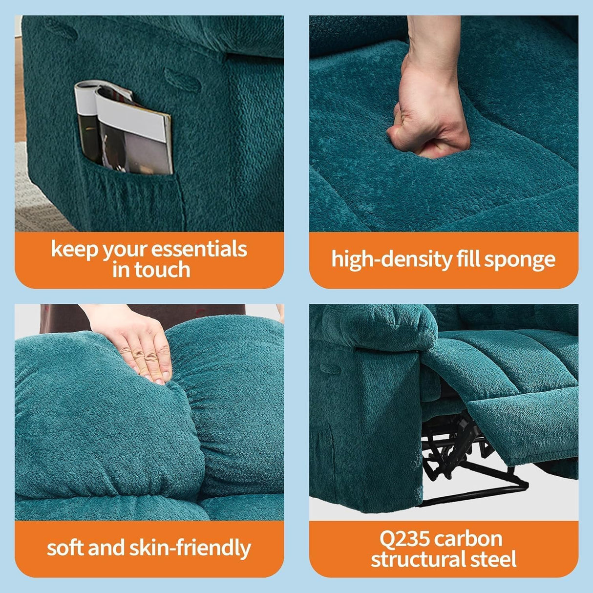 Manual Recliner Chair - Ergonomic Overstuffed Breathable Fabric Reclining Chair with Side Pockets, Q235 Steel Frame Lazy Boy Recliner Single Sofa for Living Room Bedroom(Blue) OUTGOODS