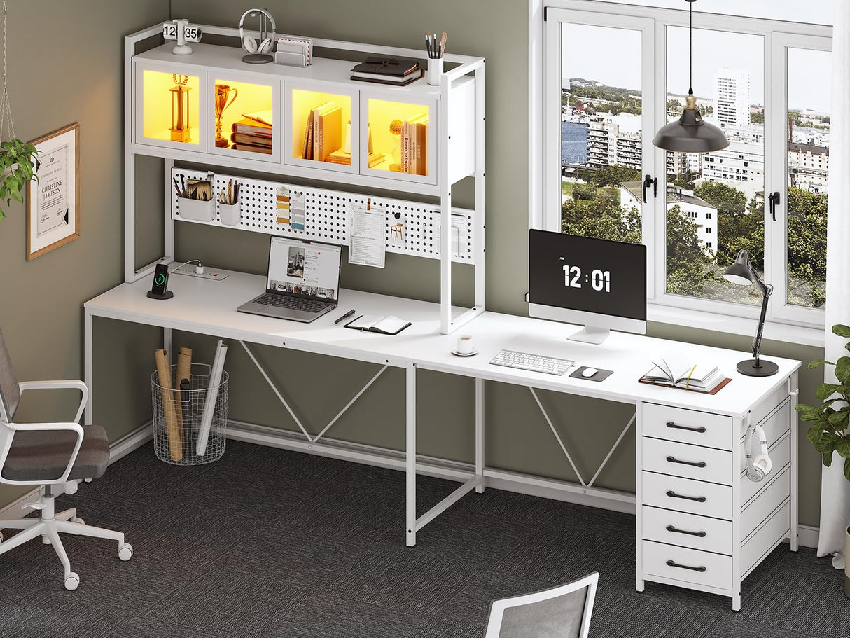 SEDETA L Shaped Gaming Desk with Drawers, L Shaped Computer Desk with Hutch and Storage Shelves, Gaming Desk with Pegboard, Led Lights, and Power Outlet, Home Office Desk, Corner Desk, White SEDETA
