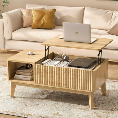 LYNCOHOME Fluted Lift Top Coffee Table with Hidden Compartment, Modern Center Table for Living Room, Home Office, Natural