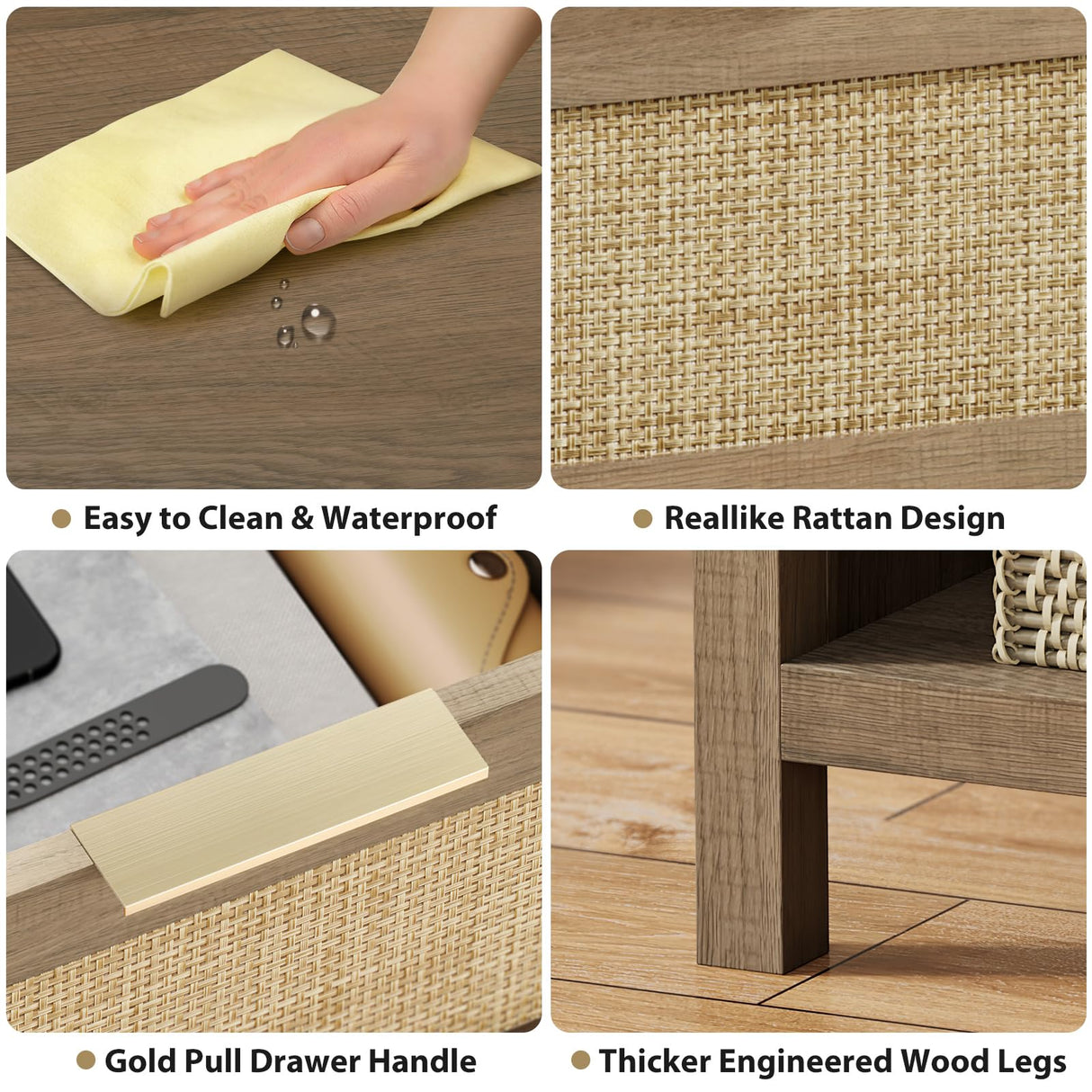 Eclatara Rattan Nightstand Set 2: Boho End Table with Drawer and Storage Shelf, Farmhouse Cane Accent Bedside Night Stands for Bedroom Small Space Sofa (2, Caramel Oak) Eclatara