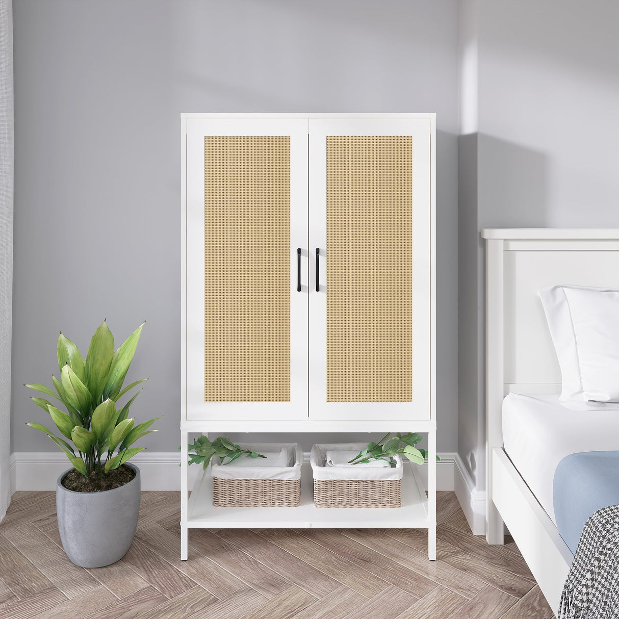 Gyger Wardrobe Closet with 2 Doors,Rattan Bedroom Armoires with Hanging Rod Freestanding Wooden Wardrobe Cabinet with Shelves,White Gyger