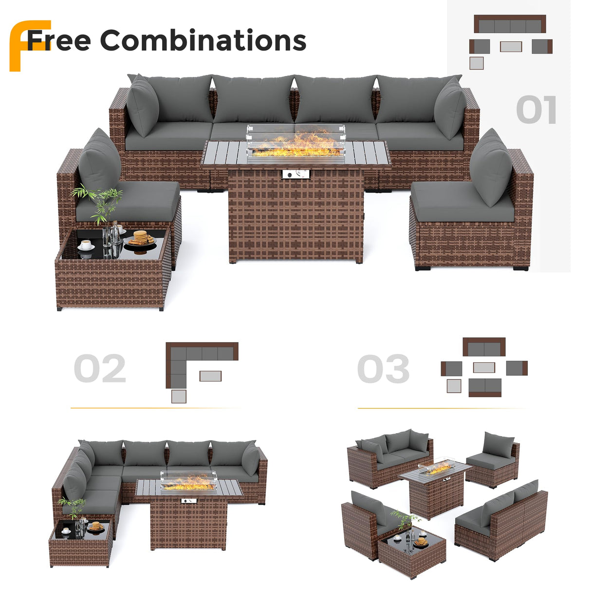 UDPATIO Outdoor Patio Furniture Set with Fire Pit Table, 8 Piece Outdoor Sectional Sofas, All-Weather Wicker Patio Conversation Set for Garden, Backyard Dark Grey UDPATIO