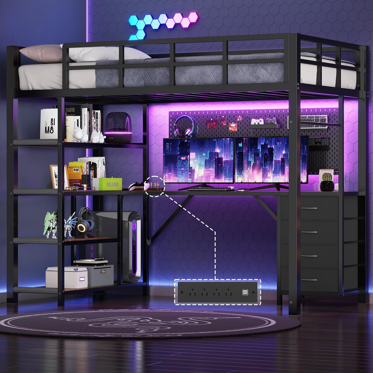 UPOSOJA Loft Bed Twin Size with L Shape Desk,4 Drawers,3-Tier Storage Shelves Metal Loft Bed Frame with Power Outlet and LED Lighted,No Box Spring Needed,Space-Saving,Noise Free,Black UPOSOJA