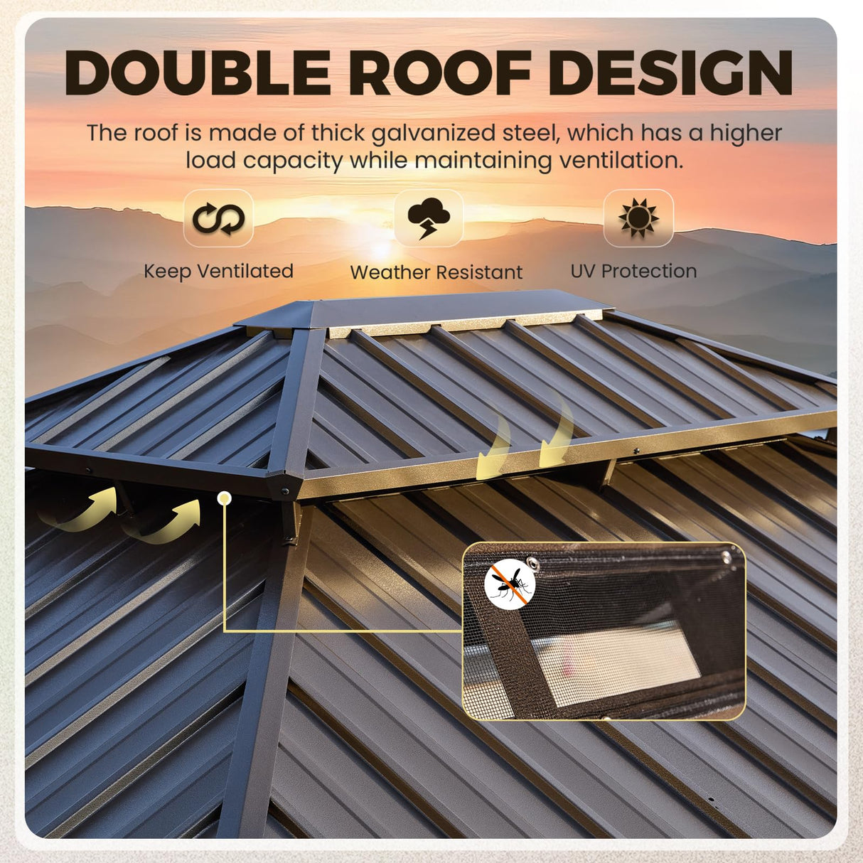 YOLENY 12' x 16' Gazebo Hardtop with Aluminum Frame,Galvanized Steel Double Roof Gazebos with Curtain and Netting,Outdoor Metal Pergolas for Garden, Lawn, Deck, Brown YOLENY