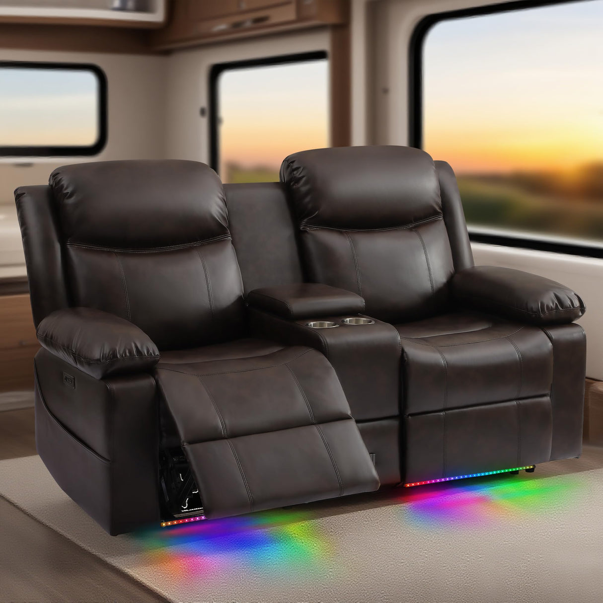 LURVIA 70" Power Recliner Loveseat for RV, Living Room Home Theater,Built-in LED Lighting with Multiple Modes,Wall Hugger, Oversized Leather Loveseat Couch for Camper, Trailer, Apartment,150° Recline LURVIA