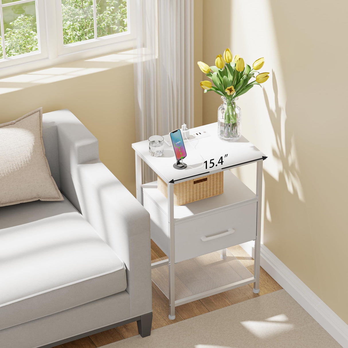 LAKEMID Nightstands Set of 2 with Fast Charging Station and Drawer, End Table Bedside Table with 20 Colors LED Light Strip and 2 Layers Shelf for Bedroom Living Room Sofa Couch (White) LAKEMID