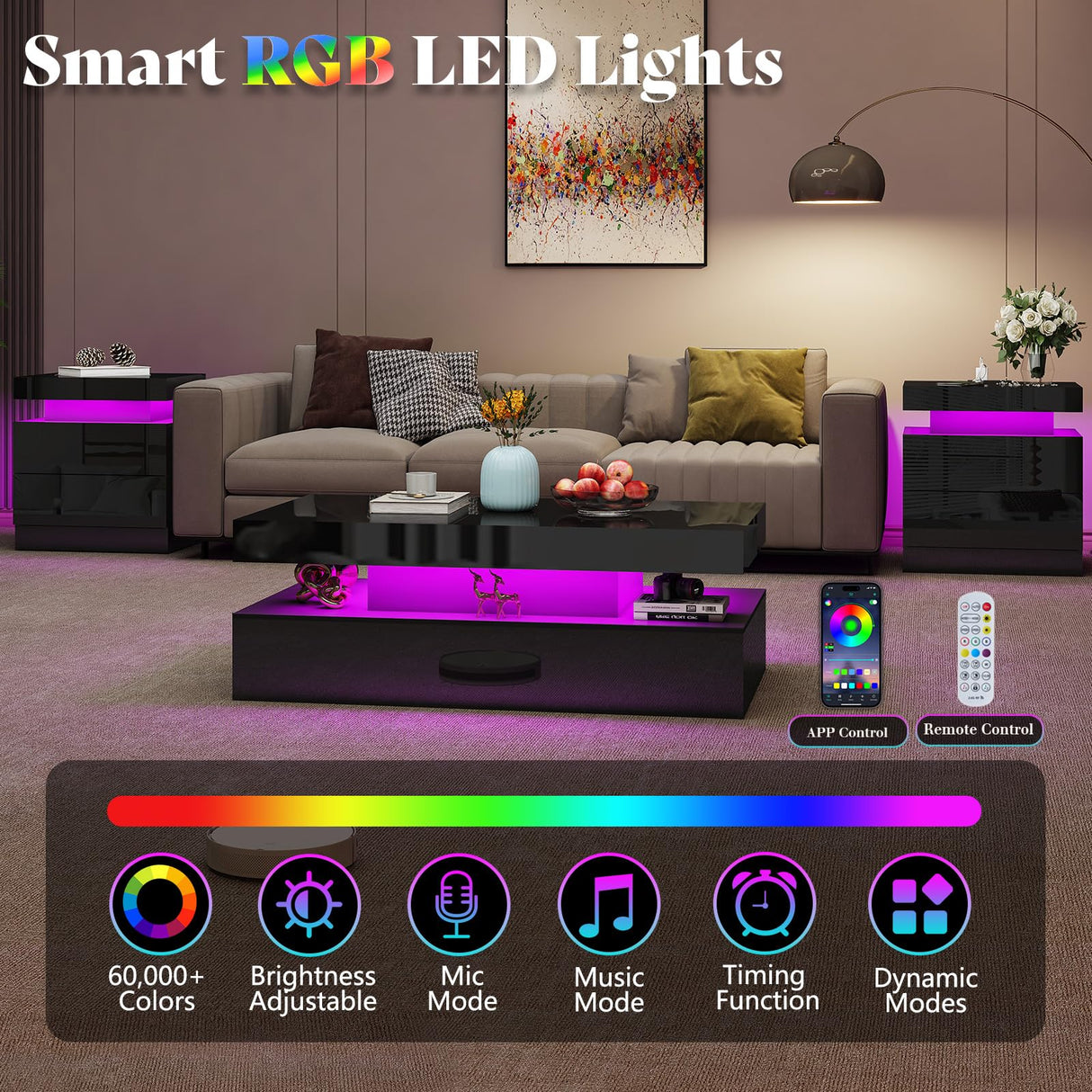 AMERLIFE High Gloss LED Nightstand Set of 2 with Charging Station, Modern Bedside Table Night Stand with LED Lights, Sofa End Side Tables with Drawers for Bedroom Living Room, Black AMERLIFE