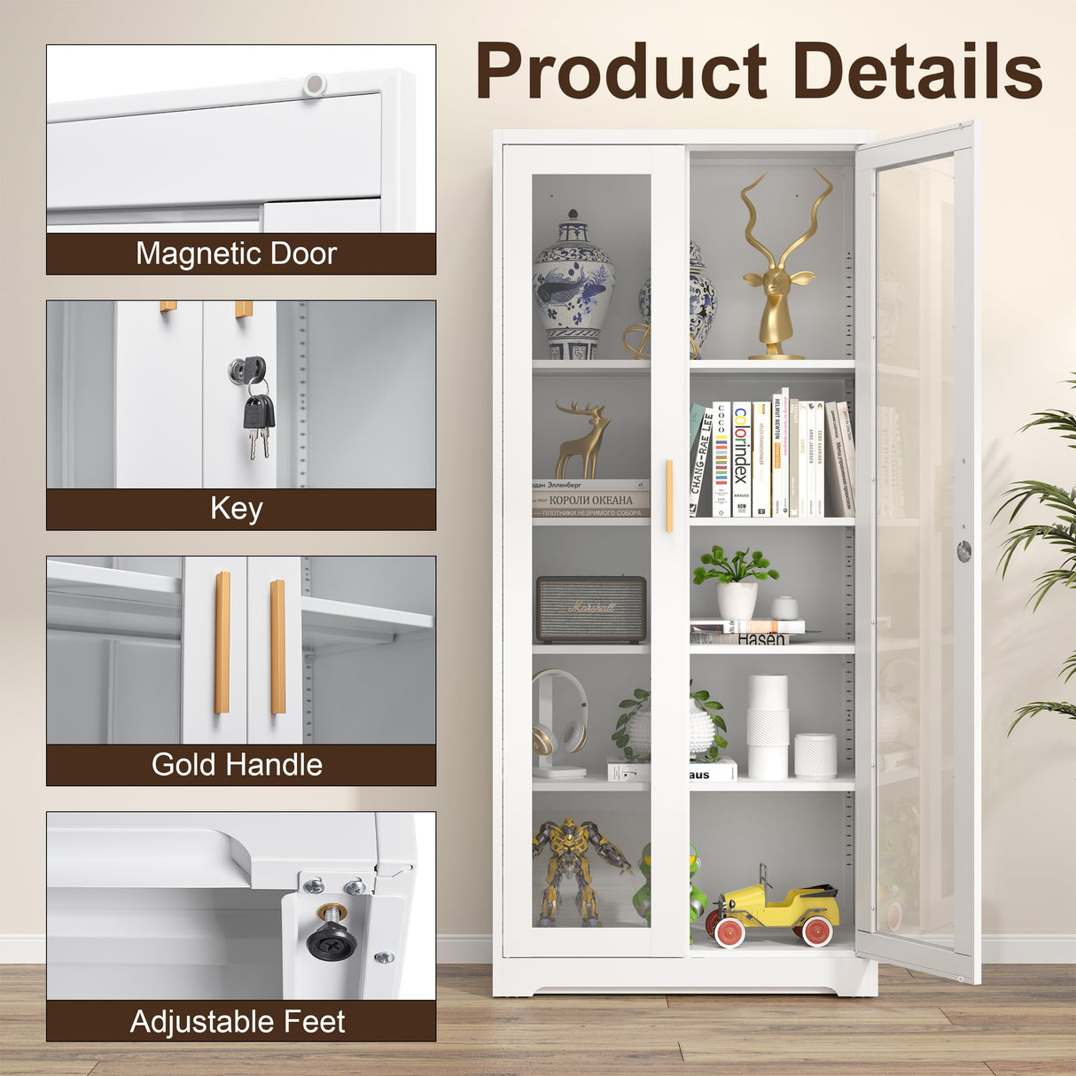 Glass Display Cabinet with Doors - White Metal Curio Cabinet with Lock Collectibles Storage Cabinet 71in Liquor Cabinet Retail Glass Display Cabinets with 4 Adjustable Shelves for Home Office TIMELESS PIECES