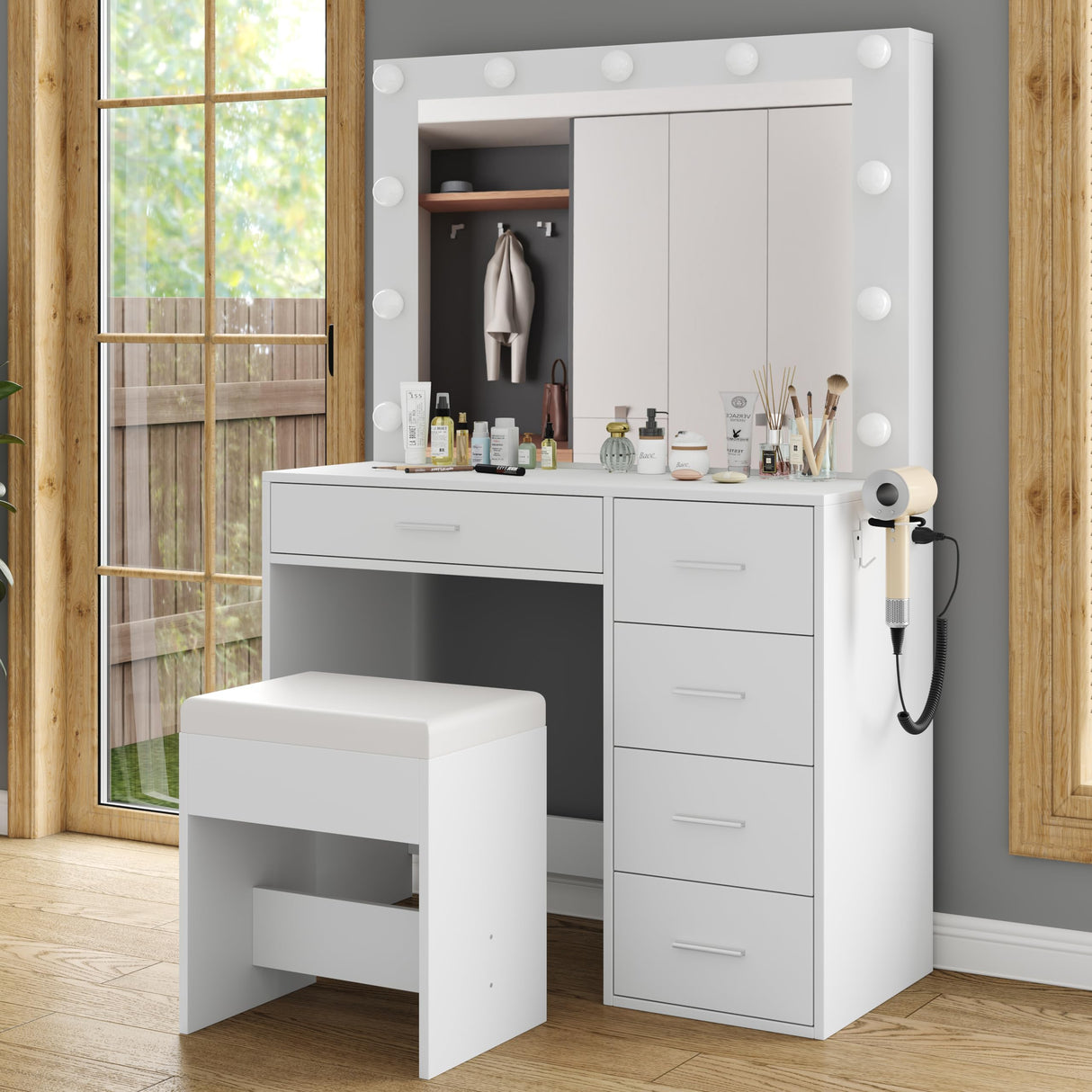 Yanosaku Vanity Desk & Power Outl,Makeup Vanity with Mirror and 11 LED Lights, Makeup Table with 5 Drawers,Vanity Table with Chair,Vanity Set 3 Lighting Modes Brightness Adjustable for Bedroom, White Yanosaku