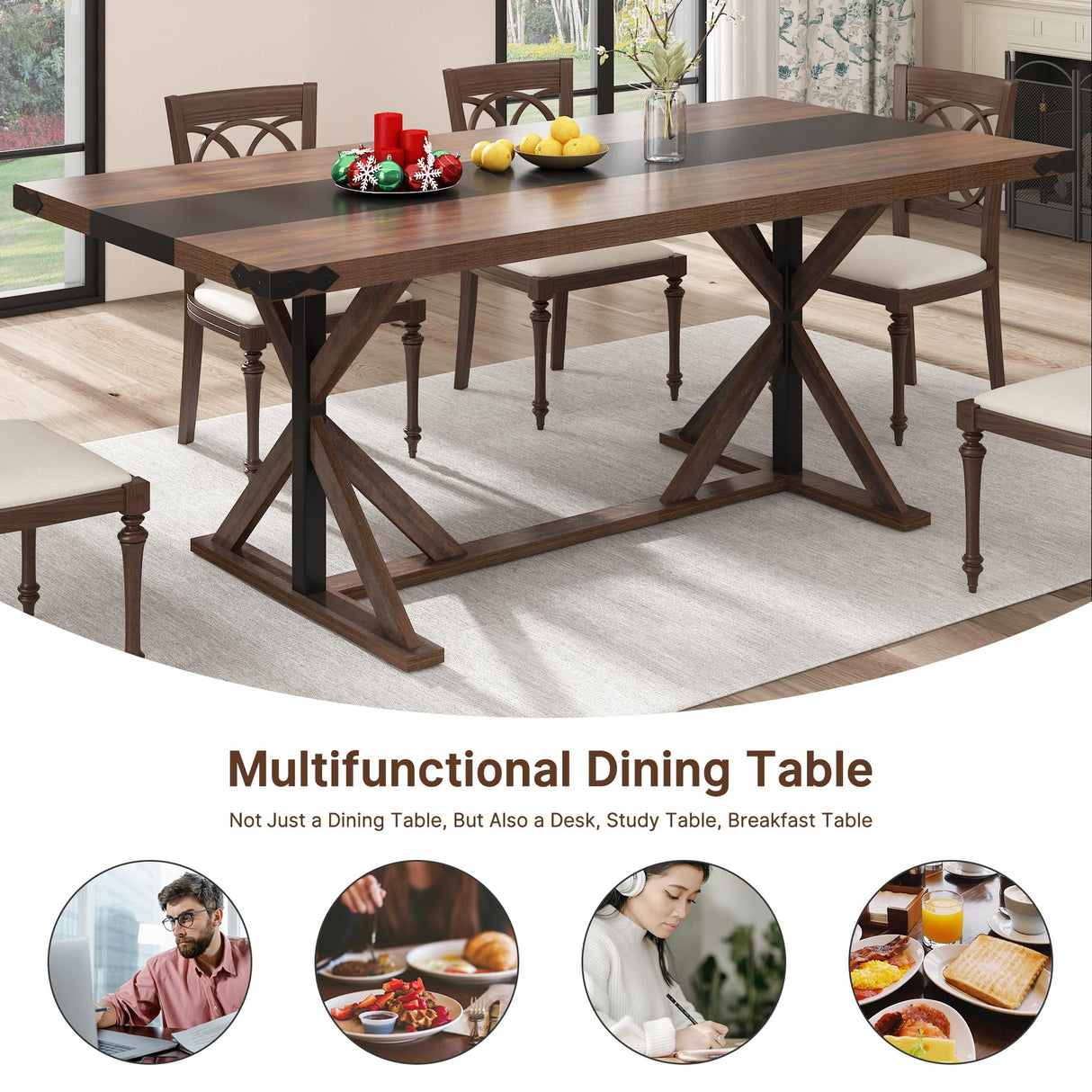 Hlivelood 71 Inch Dining Table for 6 People, Rectangular Kitchen Farmhouse Table W/Thickness Waterproof Wood Tabletop,Long Dining Room Tables W/Wood Strip Base for Kitchen Living Room(BR) Hlivelood