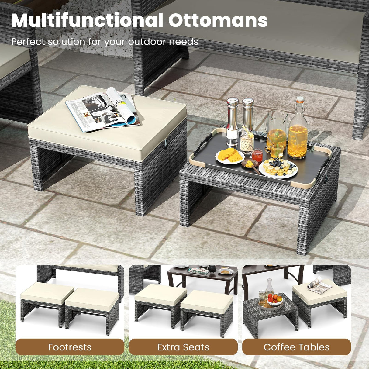 RELAX4LIFE Wicker Outdoor Ottoman Set of 2 - Rattan Footstools Foot Rest w/Removable Cushions, Multipurpose Side Table & Additional Seating, Outdoor Ottomans for Patio Garden Porch (Grey-Off White) RELAX4LIFE