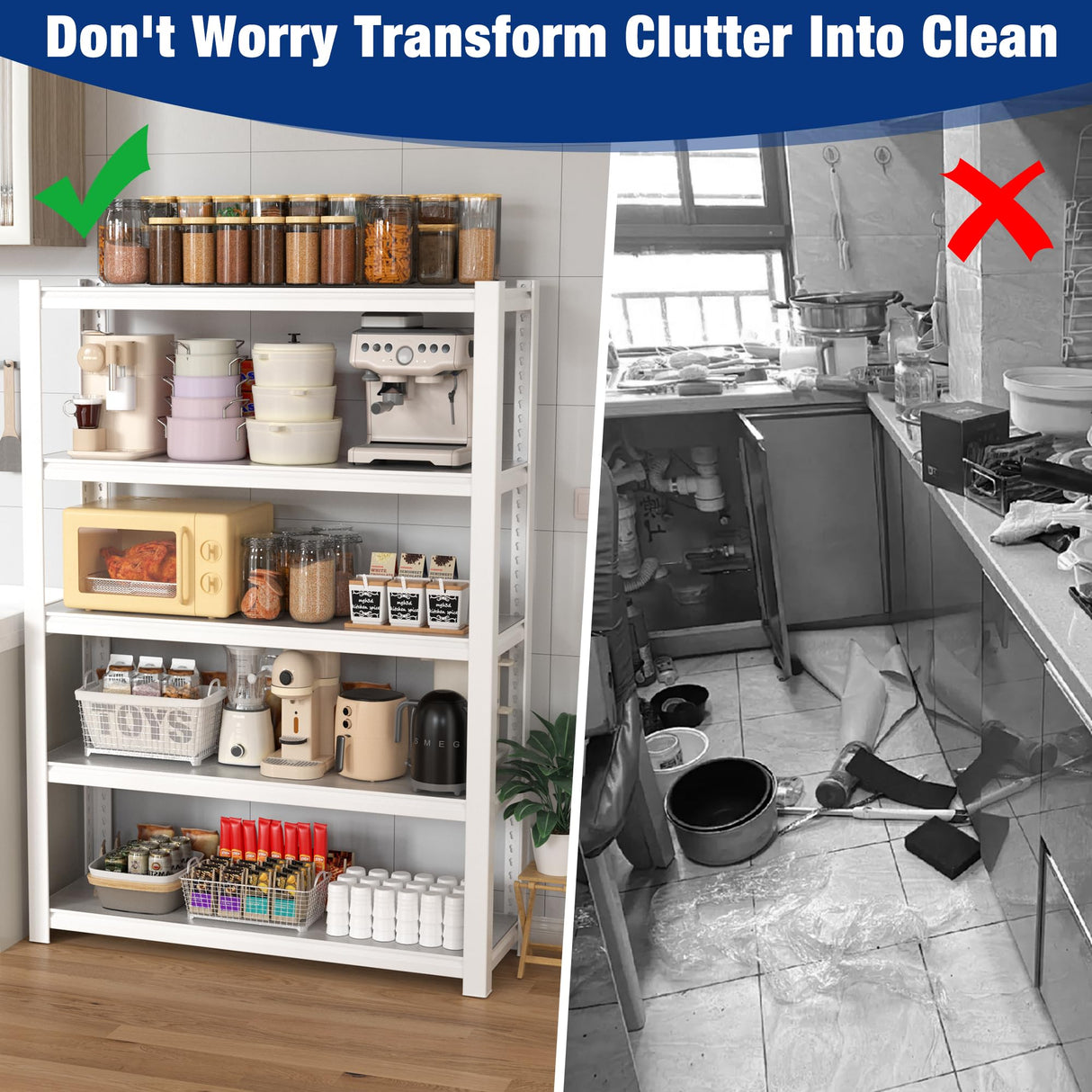 WORKPRO 3000lbs 5-Tier Shelving Unit, 72" H Adjustable Storage Shelves, Boltless Garage Shelving Unit for Garage, Kitchen, Durable Scratch-Resistant Panels, White WORKPRO