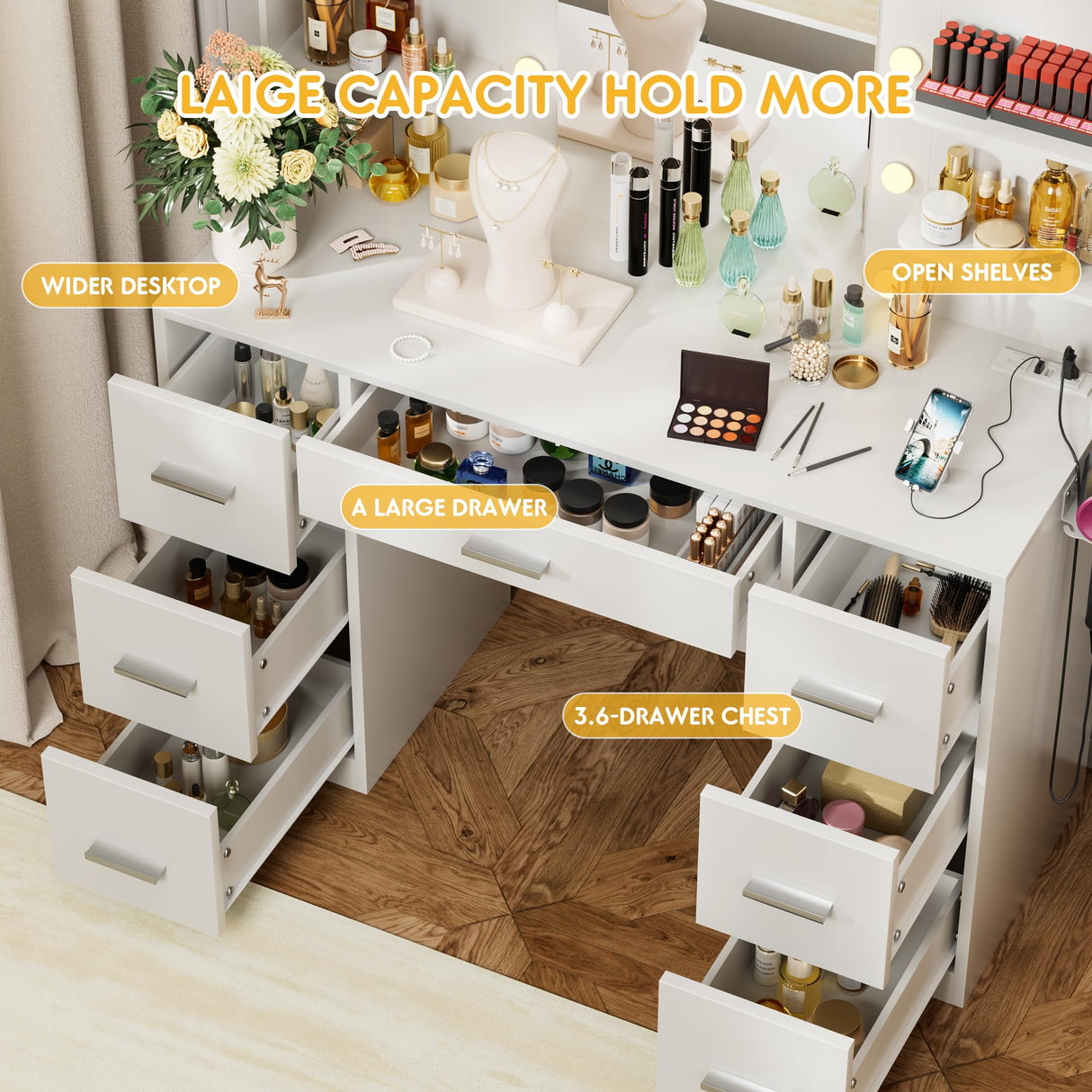VICTONE Vanity Desk with LED Lighted Mirror&Power Outlet, 3 Model Lights Makeup Vanity Table with 7 Drawers and 6 Storage Shelves for Bedroom and Dressing Room (White) VICTONE