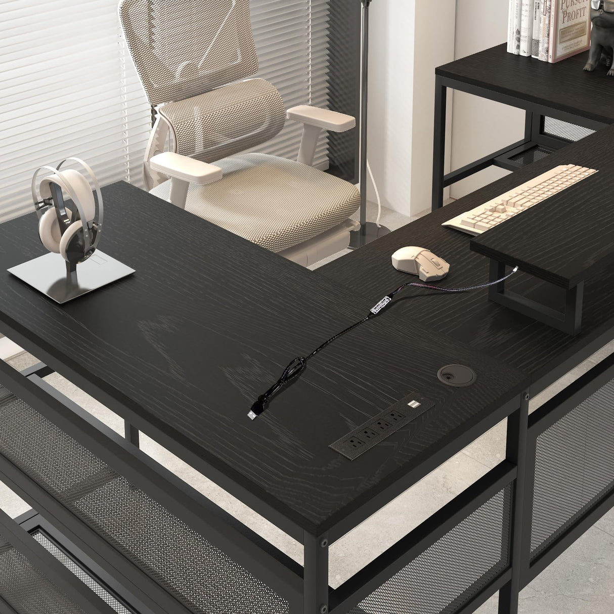 Patravious U-Shaped Computer Desk, Home Office Desk with Shelve and LED Lights, Gaming Desk with Monitor Stand, Corner Computer Desk with Storage Shelves for Offices, Home, Study & bedrooms (Black) Patravious