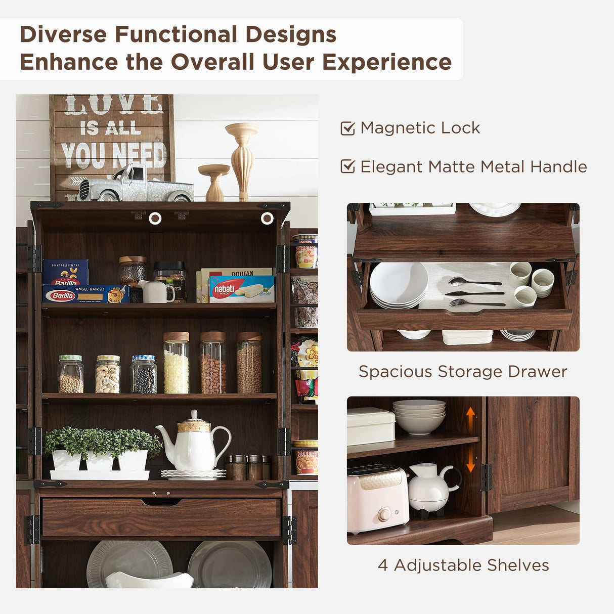 ACCOHOHO 72" Tall Kitchen Pantry, Farmhouse Storage Cabinet with Barn Doors, Organizer, Drawer and Adjustable Shelves, Rustic Wood Cupboard for Kitchen, Dining Room, Bathroom, Brown ACCOHOHO