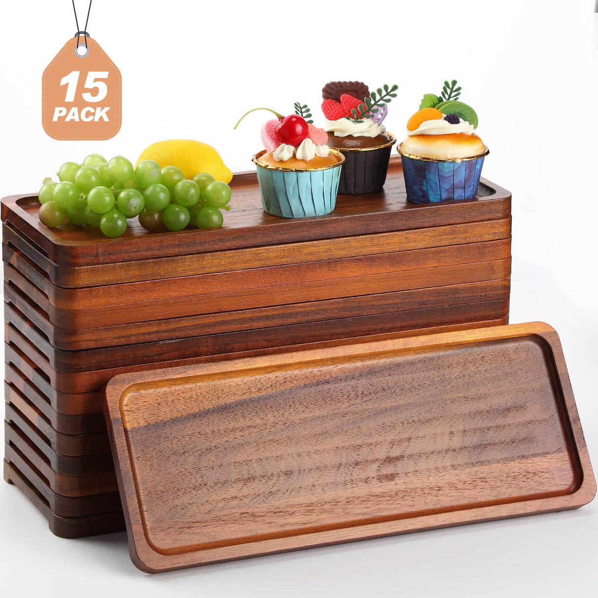 Skylety 15 Pack Solid Wood Serving Tray Large Acacia Party Server Platter Rectangular Charcuterie Board with Grooved Handle for Home kitchen Cheese Skylety
