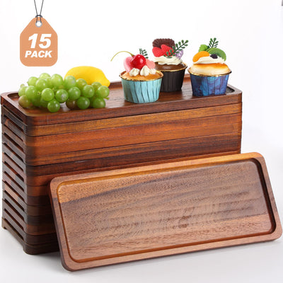 Skylety 15 Pack Solid Wood Serving Tray Large Acacia Party Server Platter Rectangular Charcuterie Board with Grooved Handle for Home kitchen Cheese