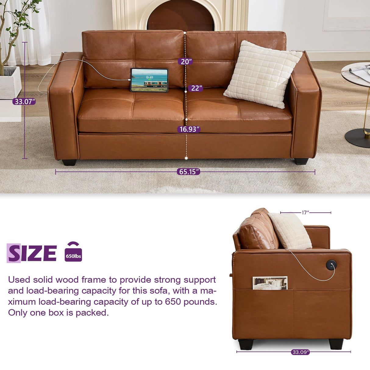 TYBOATLE 65" Brown Faux Leather Sofa Couches for Living Room, Mid-Century Modern Tufted Comfy Loveseat w/USB Charging Ports and Wide Arms, 2 Seater Office Small Couch for Small Space Bedroom TYBOATLE